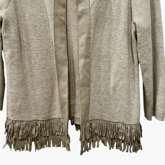 Chico’s Fringe Cardigan Neutral Tan Size M Cotton Blend Open Front EUC - Picture 4 of 7